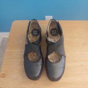 Fly London black leather wedges, size 9